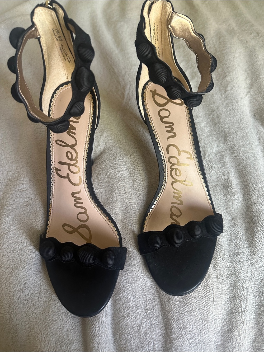 Sam Edelman Black Scalloped Ankle-Strap Heels with Knotted Trim